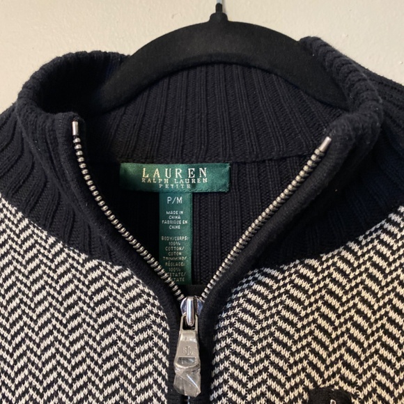 Lauren Ralph Lauren Cardigan Sweater Black White Herringbone Women's M petite - Picture 2 of 2